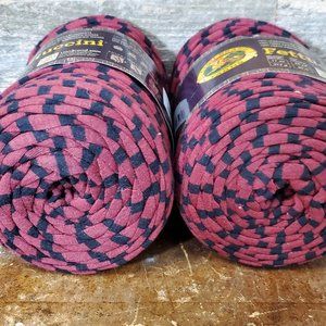 2 Skeins of Lion Brand Fettuccini Fabric Remnant Yarn - Maroon & Black Striped
